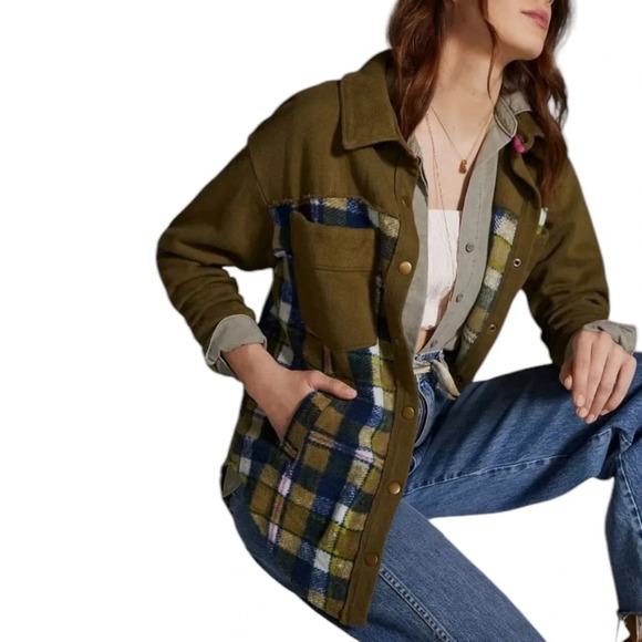Anthropologie Pilcro Green Blue Plaid Contrast Button Down Shirt Jacket Size S - Picture 8 of 15